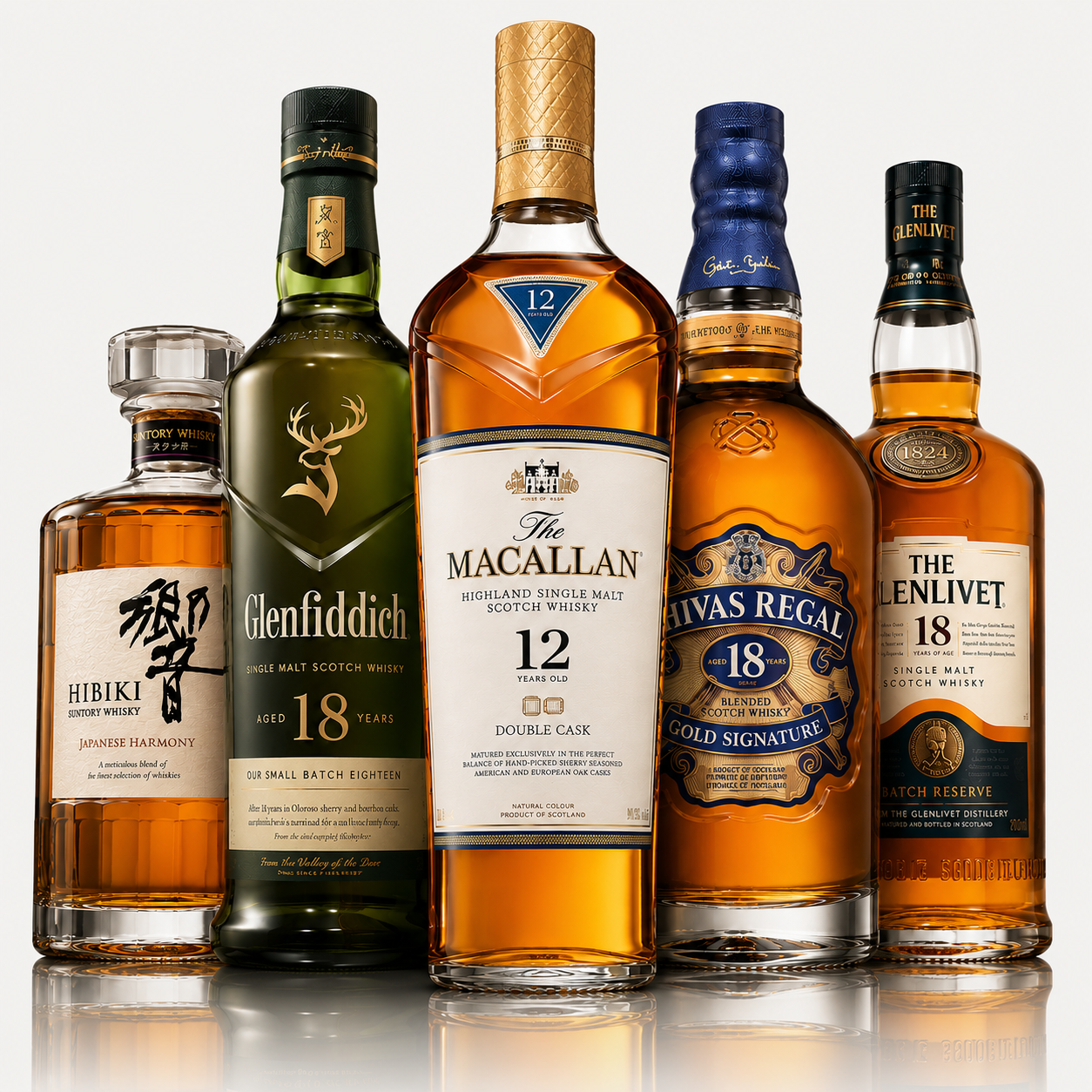 The Macallan 12 Double Cask • Hibiki Japanese Harmony • Glenfiddich 18 Years • Chivas Regal 18 Gold Signature • The Glenlivet 18 Years